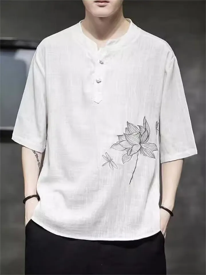 Lotus Flower Dragonfly Embroidered Men's Half Sleeve Shirts