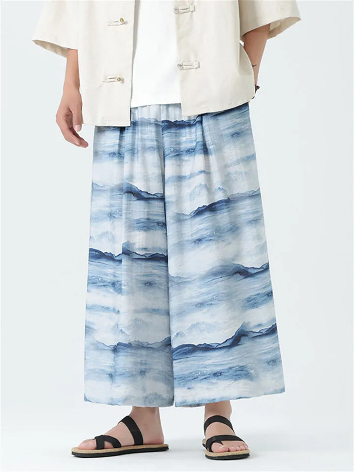 Male Chinese Style Bamboo Leaf Mountain Print Summer Pants