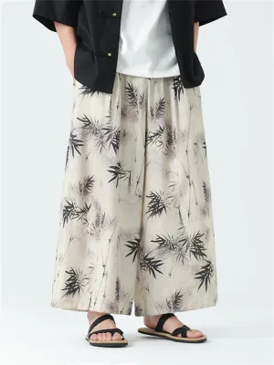 Male Chinese Style Bamboo Leaf Mountain Print Summer Pants