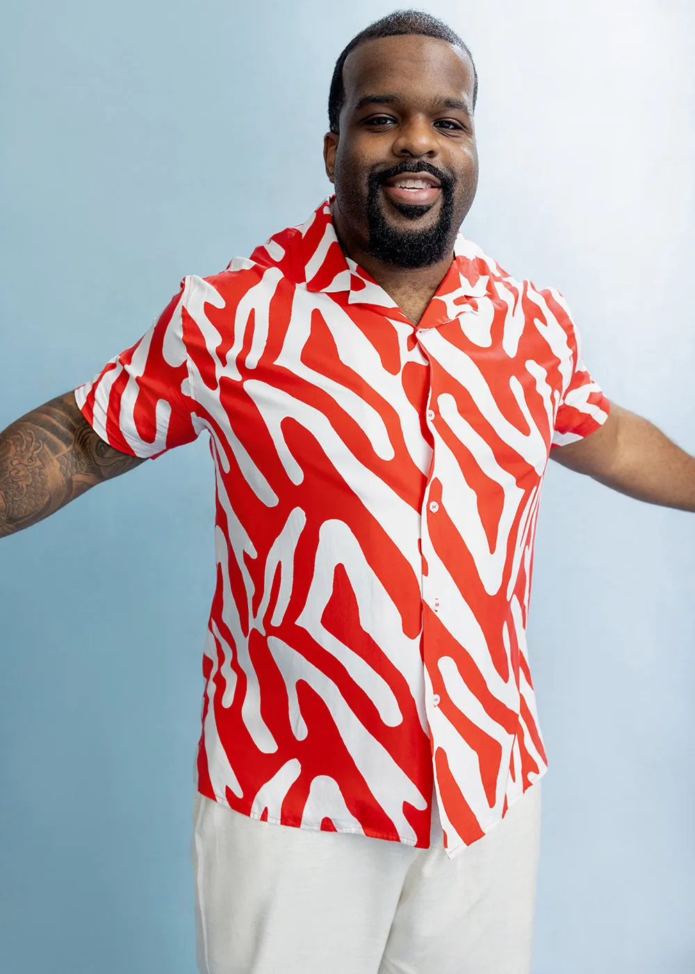 Malik Men's African Print Button-Up Shirt (Deep Orange Zebra Abstract)