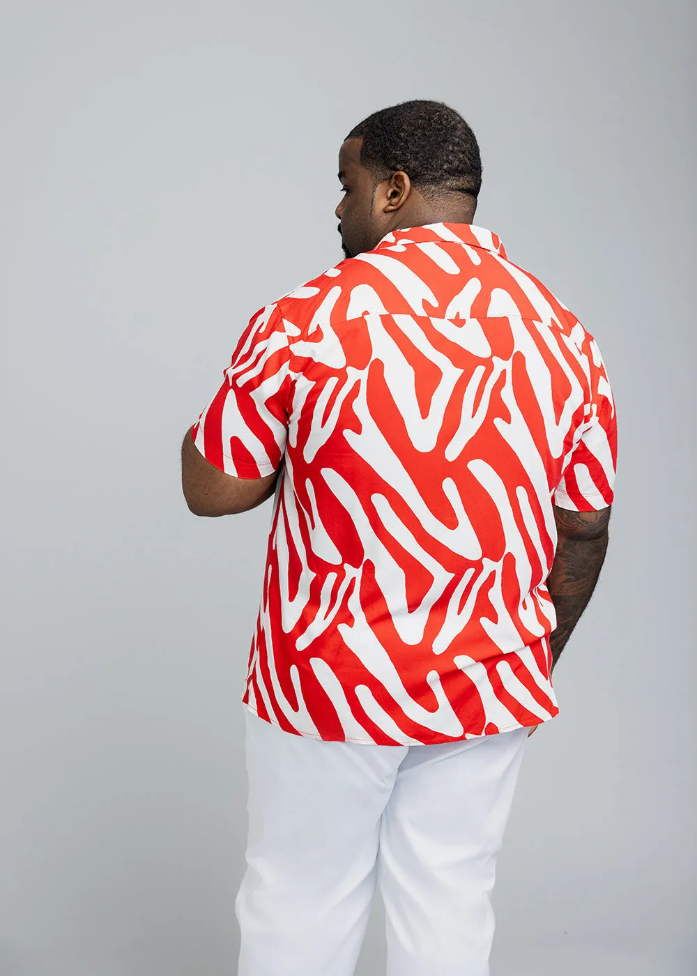 Malik Men's African Print Button-Up Shirt (Deep Orange Zebra Abstract)