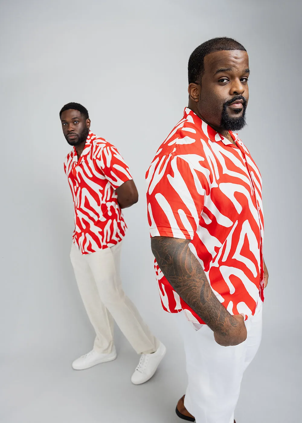 Malik Men's African Print Button-Up Shirt (Deep Orange Zebra Abstract)