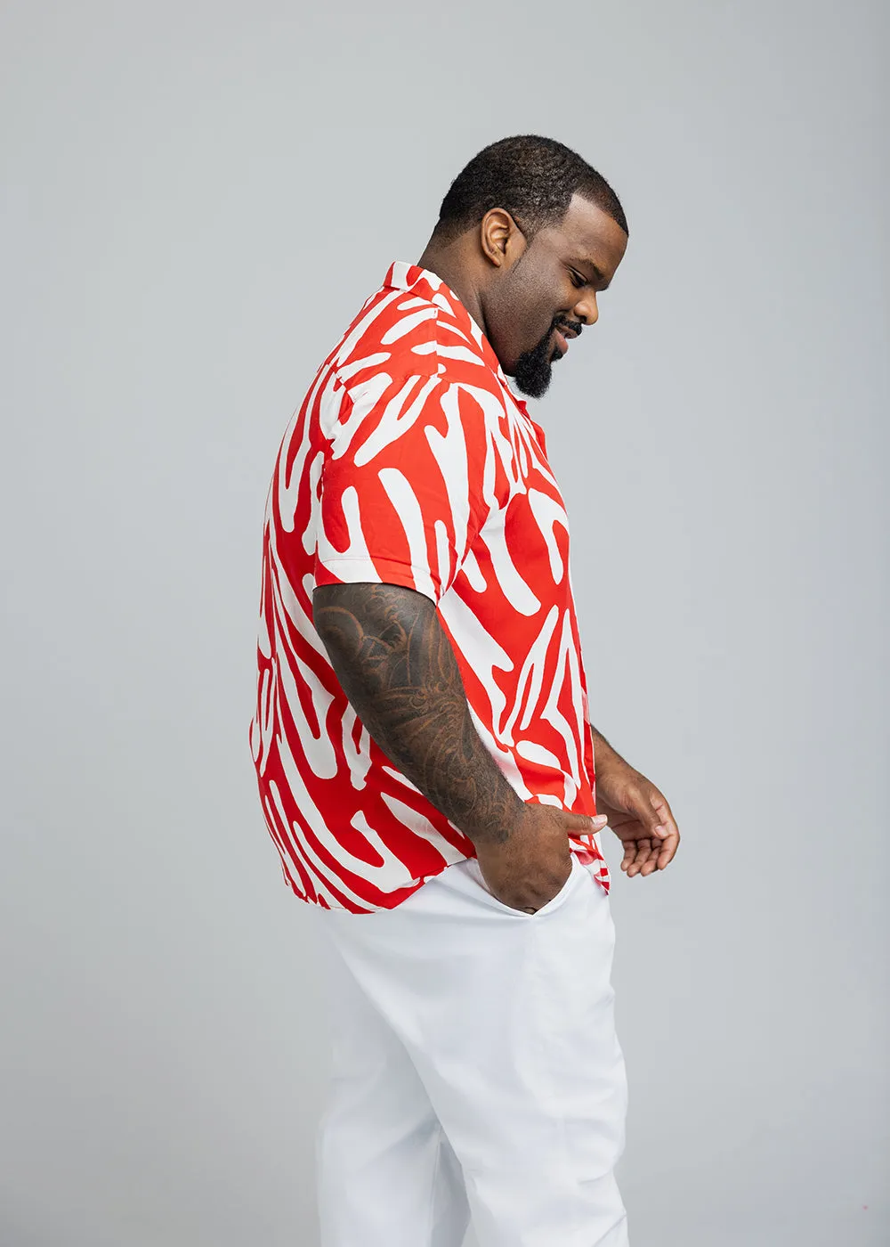 Malik Men's African Print Button-Up Shirt (Deep Orange Zebra Abstract)