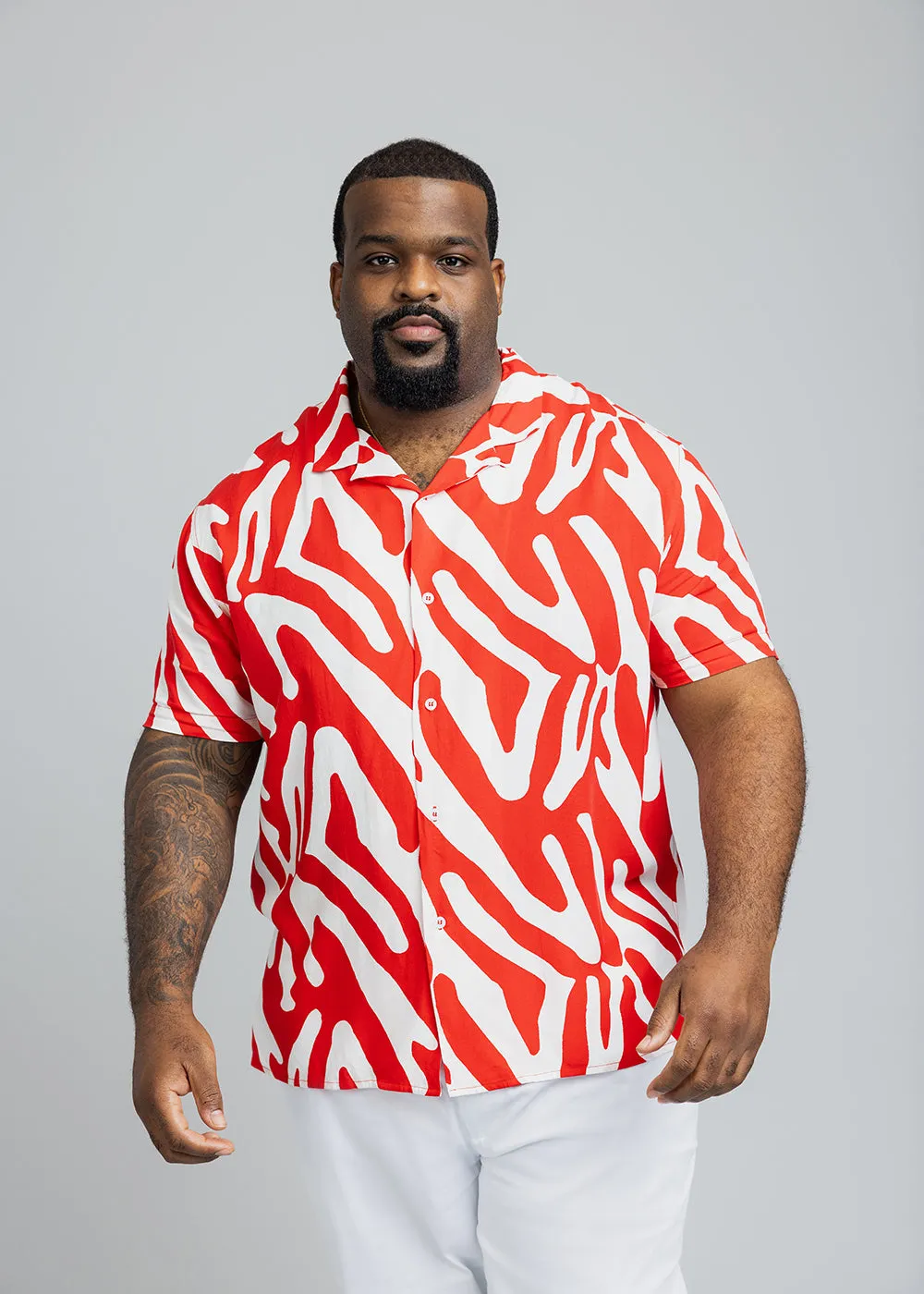 Malik Men's African Print Button-Up Shirt (Deep Orange Zebra Abstract)