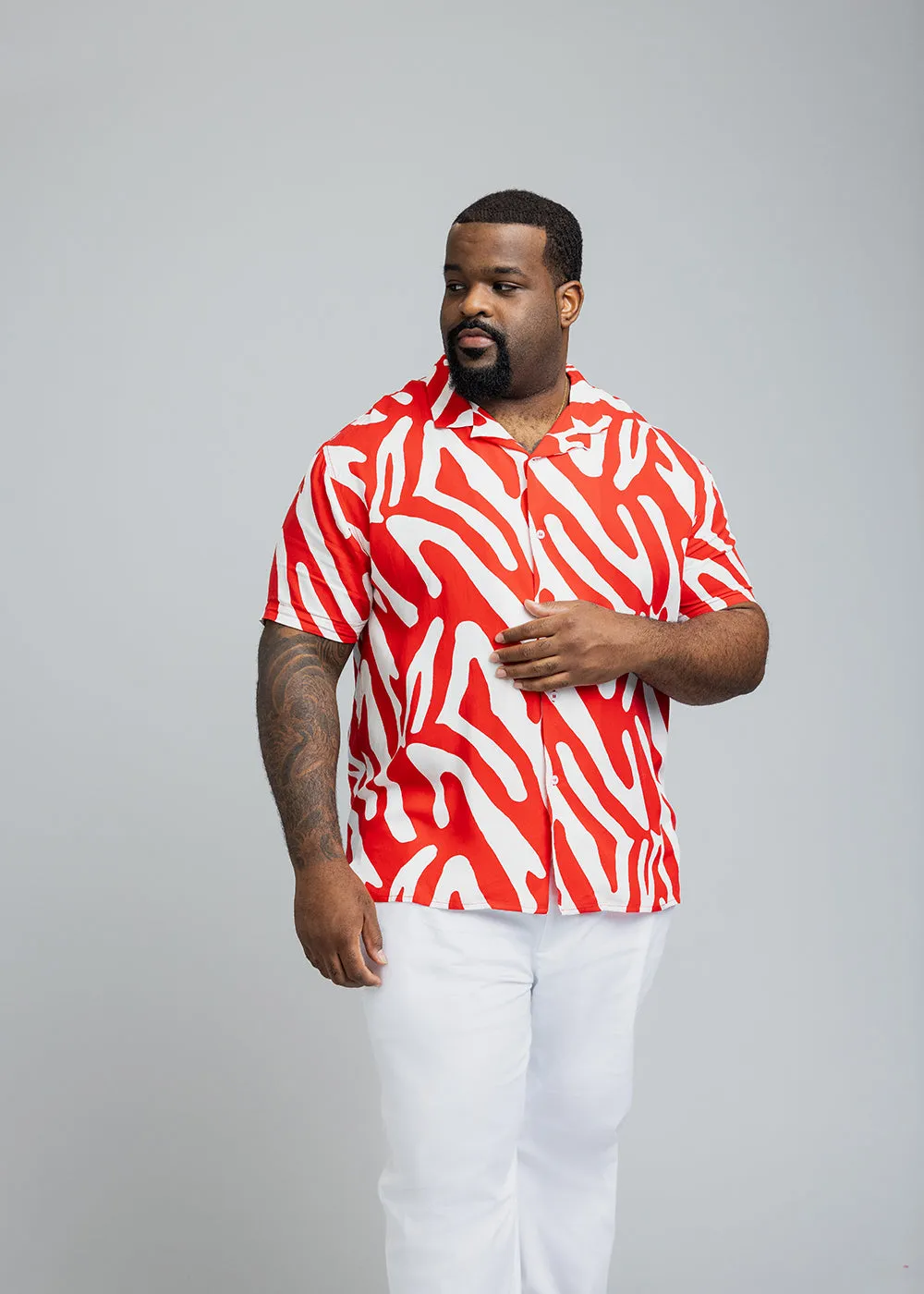 Malik Men's African Print Button-Up Shirt (Deep Orange Zebra Abstract)