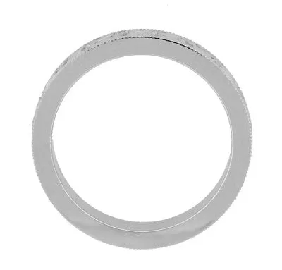 Mens Art Deco Antique Style Engraved Floral Fan Millgrain Edged Wedding Ring in White Gold | 4mm