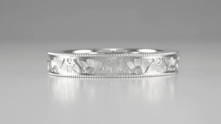 Mens Art Deco Antique Style Engraved Floral Fan Millgrain Edged Wedding Ring in White Gold | 4mm