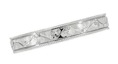 Mens Art Deco Antique Style Engraved Floral Fan Millgrain Edged Wedding Ring in White Gold | 4mm