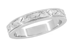 Mens Art Deco Antique Style Engraved Floral Fan Millgrain Edged Wedding Ring in White Gold | 4mm