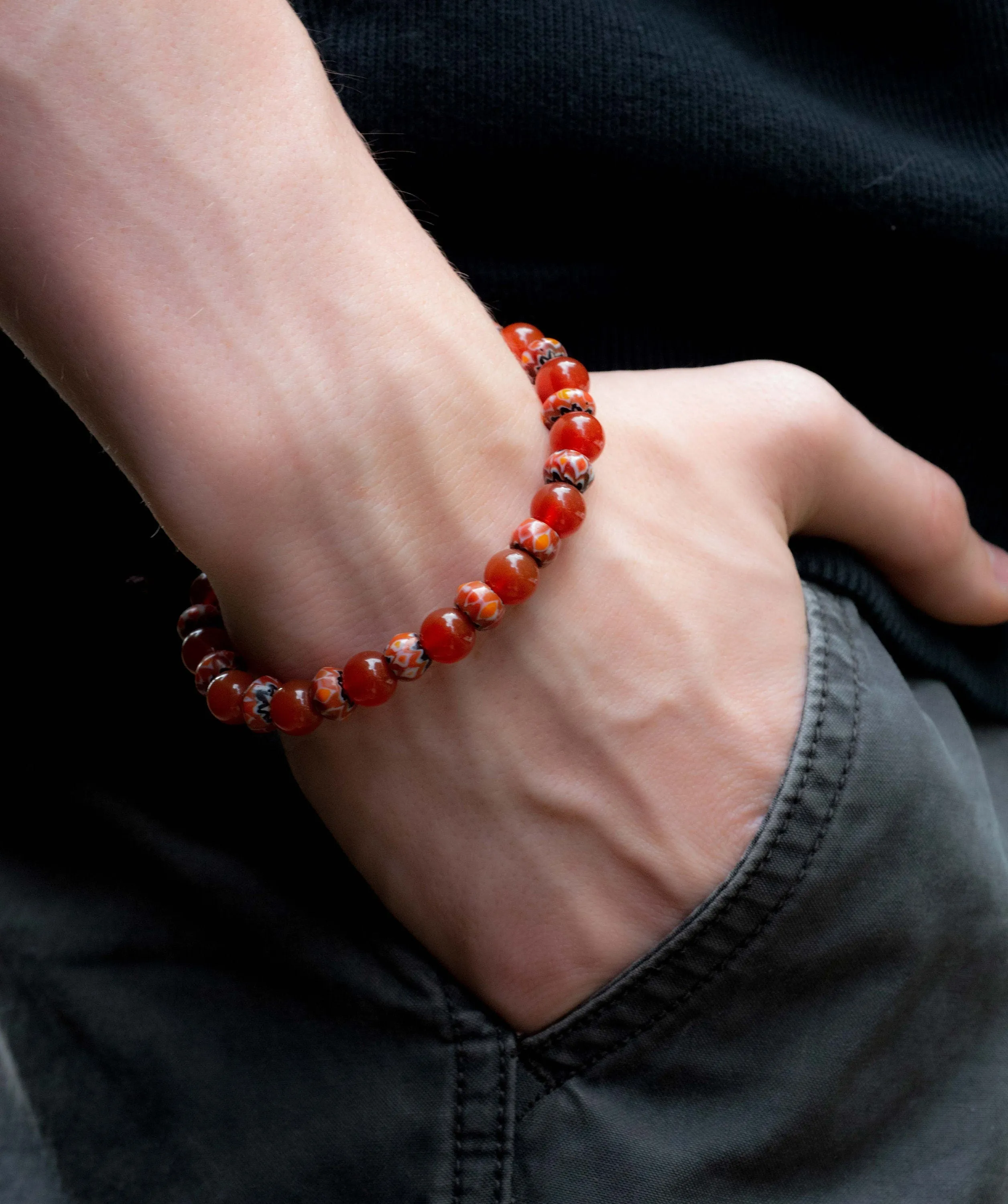 Men's Carnelian and Tibetan Glass Corded Bracelet