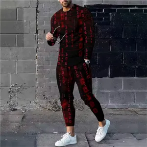 Men's Code Print Long Sleeve Shirts With Drawstring Long Pants Two Piece Outfit 2410008973