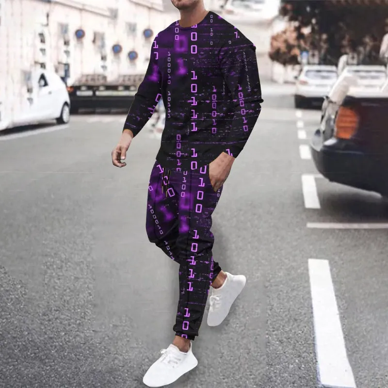 Men's Code Print Long Sleeve Shirts With Drawstring Long Pants Two Piece Outfit 2410008973