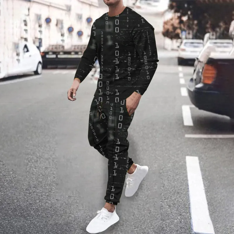 Men's Code Print Long Sleeve Shirts With Drawstring Long Pants Two Piece Outfit 2410008973