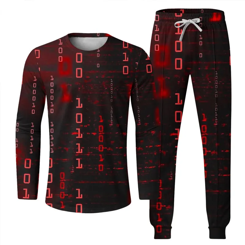 Men's Code Print Long Sleeve Shirts With Drawstring Long Pants Two Piece Outfit 2410008973
