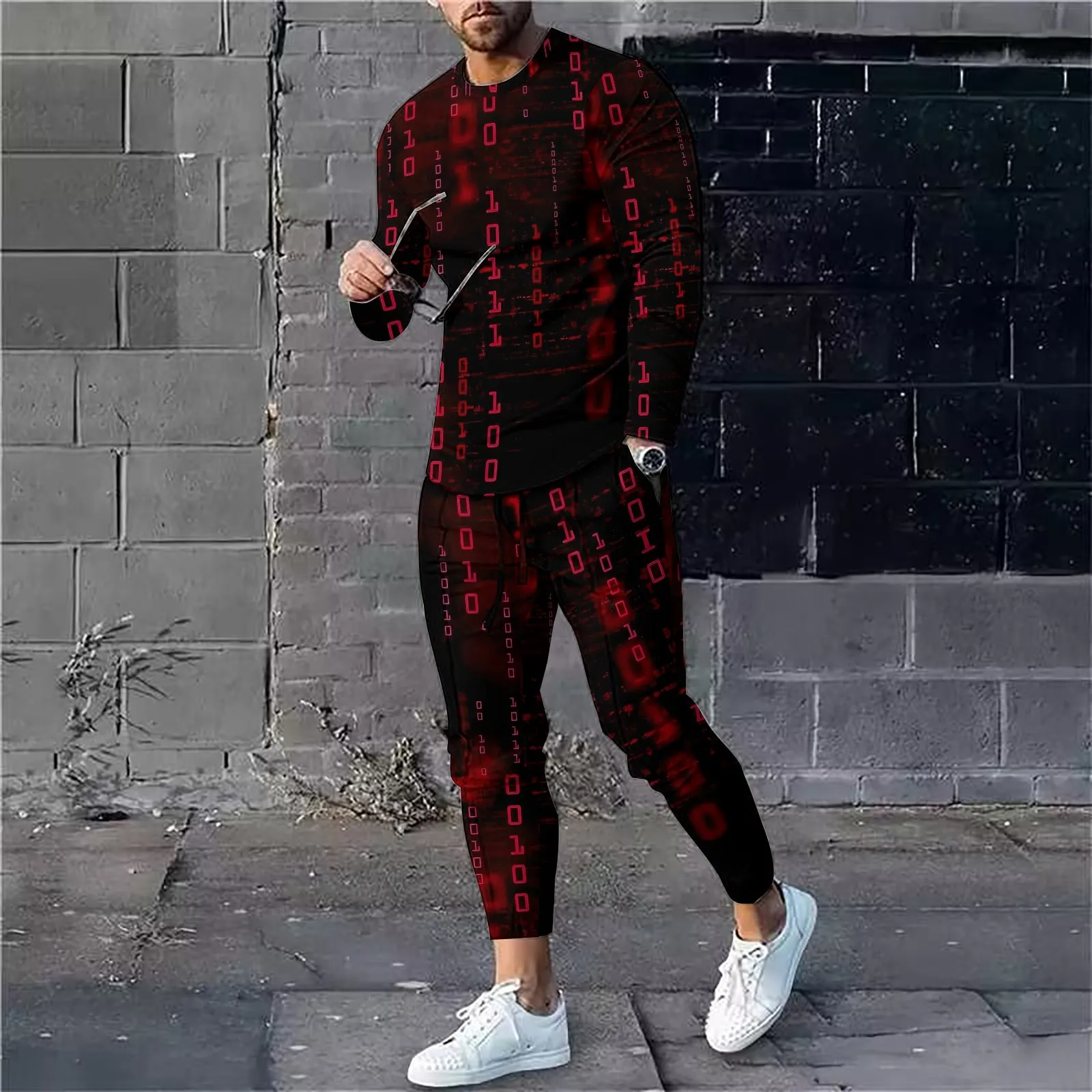 Men's Code Print Long Sleeve Shirts With Drawstring Long Pants Two Piece Outfit 2410008973