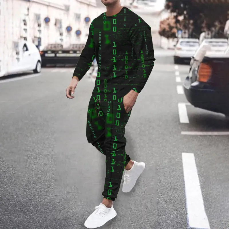 Men's Code Print Long Sleeve Shirts With Drawstring Long Pants Two Piece Outfit 2410008973