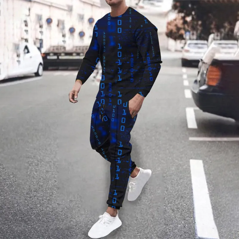 Men's Code Print Long Sleeve Shirts With Drawstring Long Pants Two Piece Outfit 2410008973