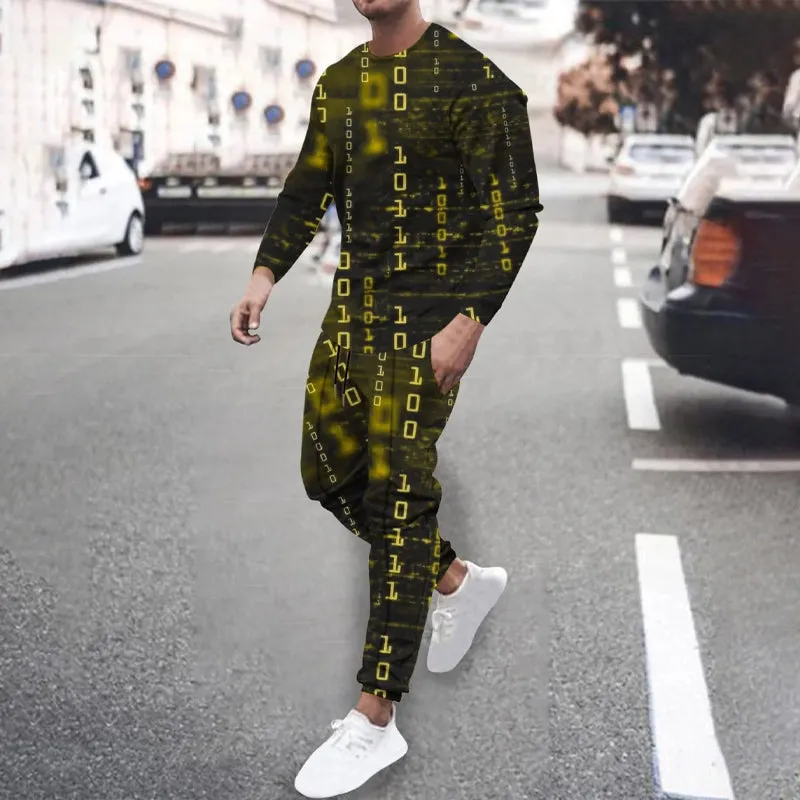Men's Code Print Long Sleeve Shirts With Drawstring Long Pants Two Piece Outfit 2410008973