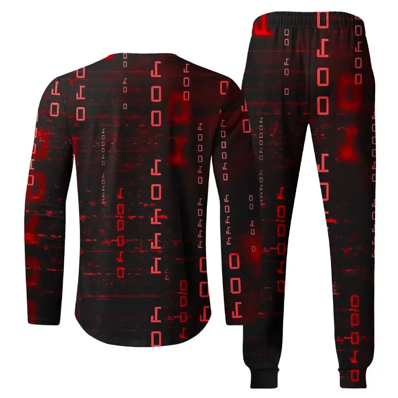Men's Code Print Long Sleeve Shirts With Drawstring Long Pants Two Piece Outfit 2410008973