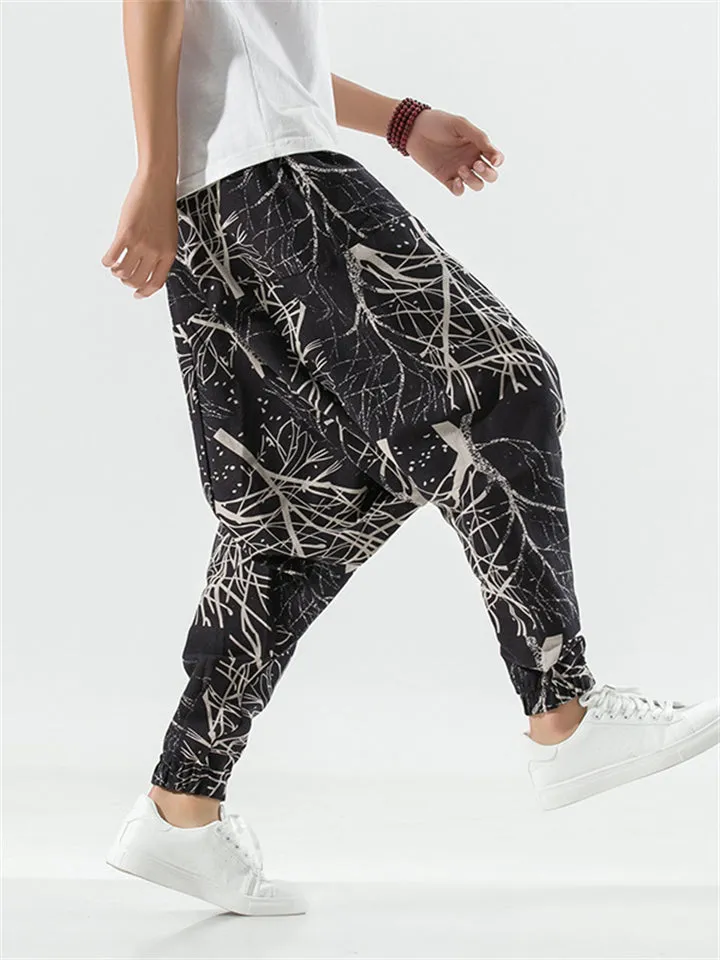 Men's Ethnic Style Abstract Plaid Print Hakama Pants