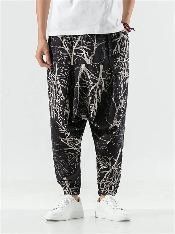 Men's Ethnic Style Abstract Plaid Print Hakama Pants