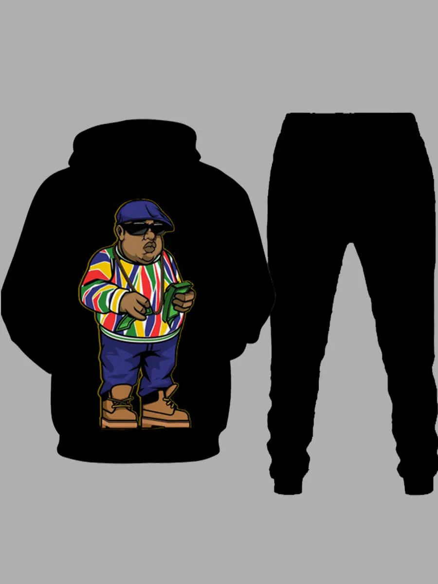 Men's Hooded Biggie Printed Black Sweat Suit