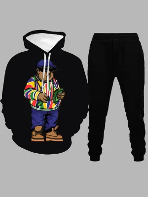 Men's Hooded Biggie Printed Black Sweat Suit