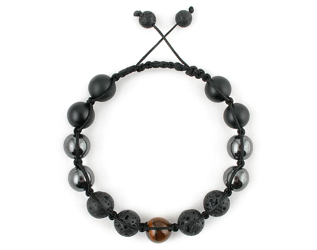 Men's macrame bracelet with hematite, black lava and tiger beads