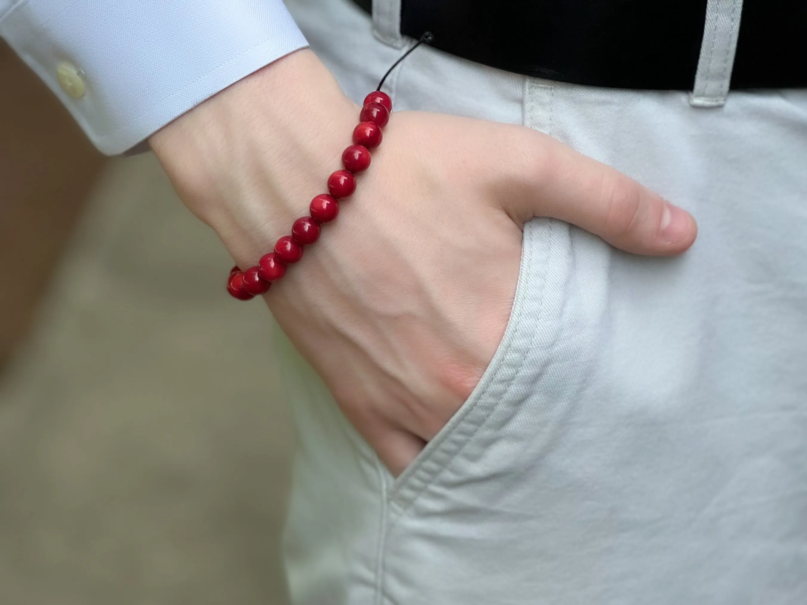 Men's Red Coral Adjustable Bracelet