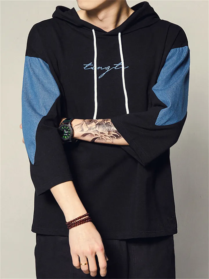 Men's Sports Hooded Drawstring 3/4 Sleeve Pullover Shirt