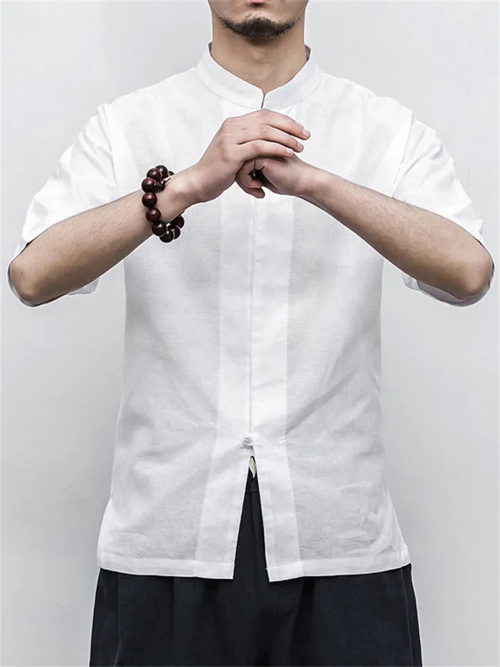 Men's Summer Vacation Stand Collar Button Short Sleeve Linen Shirt
