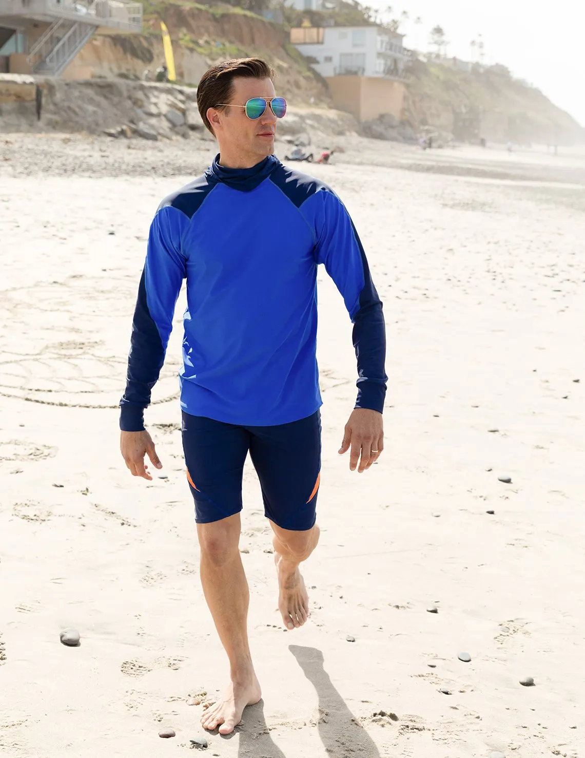 Men's  Swim Crest Rash Guard with Fitted Hoodie - Blue Camo