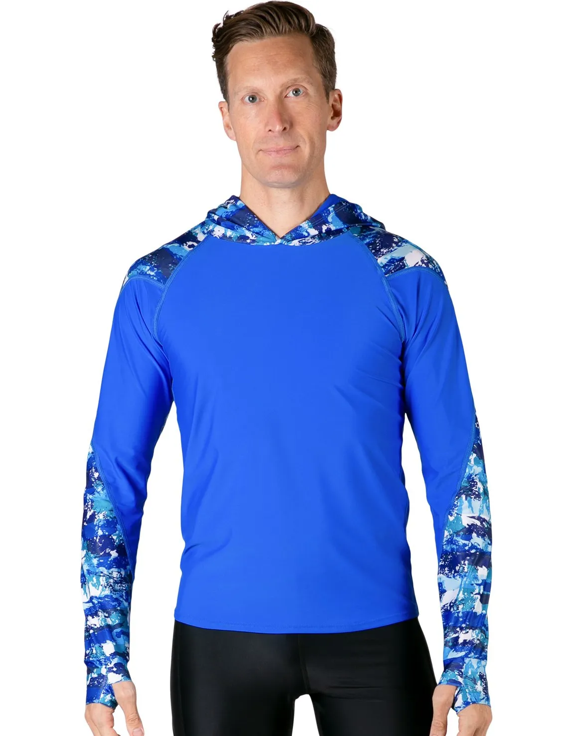 Men's  Swim Crest Rash Guard with Relaxed Hoodie - Blue Camo