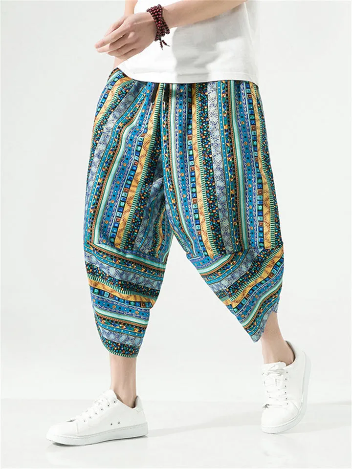 Men's Thai Style Ethnic Print Lace Up Cropped Pants