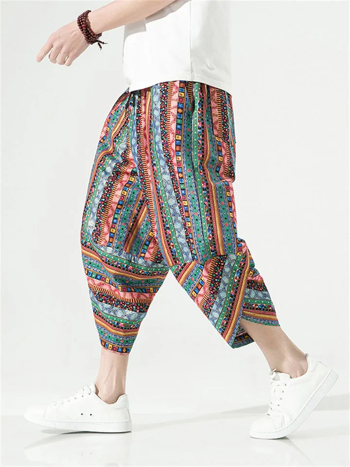 Men's Thai Style Ethnic Print Lace Up Cropped Pants