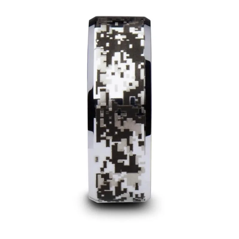 Men's Tungsten Wedding Band with Digital Camouflage Inlay and Beveled Edges - 8MM