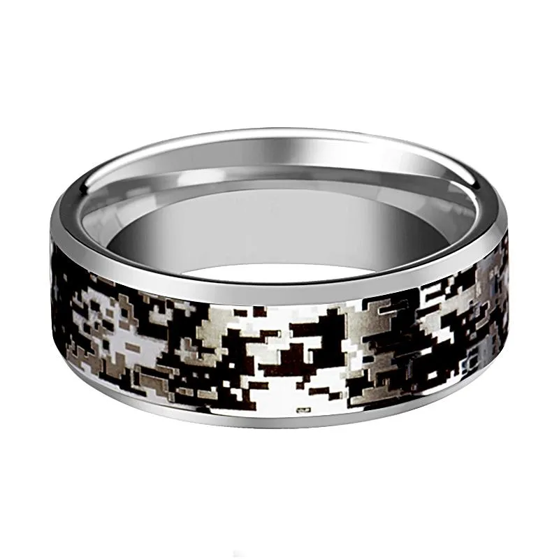 Men's Tungsten Wedding Band with Digital Camouflage Inlay and Beveled Edges - 8MM