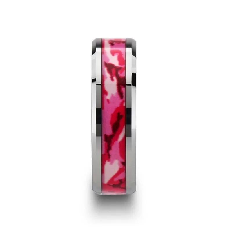 Men's Tungsten Wedding Band with Pink and White Camouflage Inlay and Bevels  -8MM