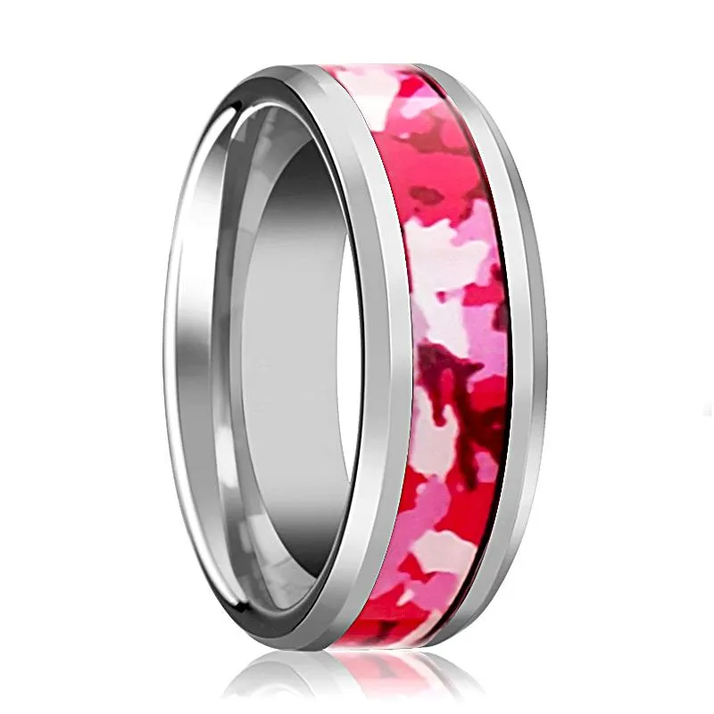 Men's Tungsten Wedding Band with Pink and White Camouflage Inlay and Bevels  -8MM