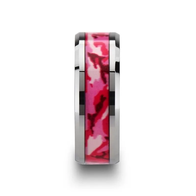 Men's Tungsten Wedding Band with Pink and White Camouflage Inlay and Bevels  -8MM