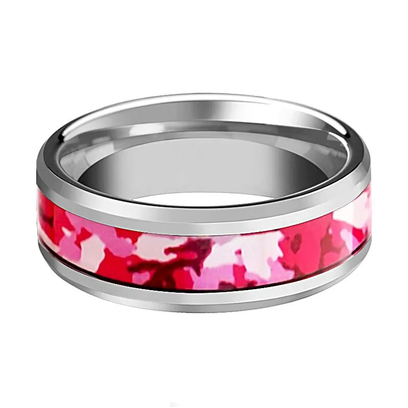 Men's Tungsten Wedding Band with Pink and White Camouflage Inlay and Bevels  -8MM