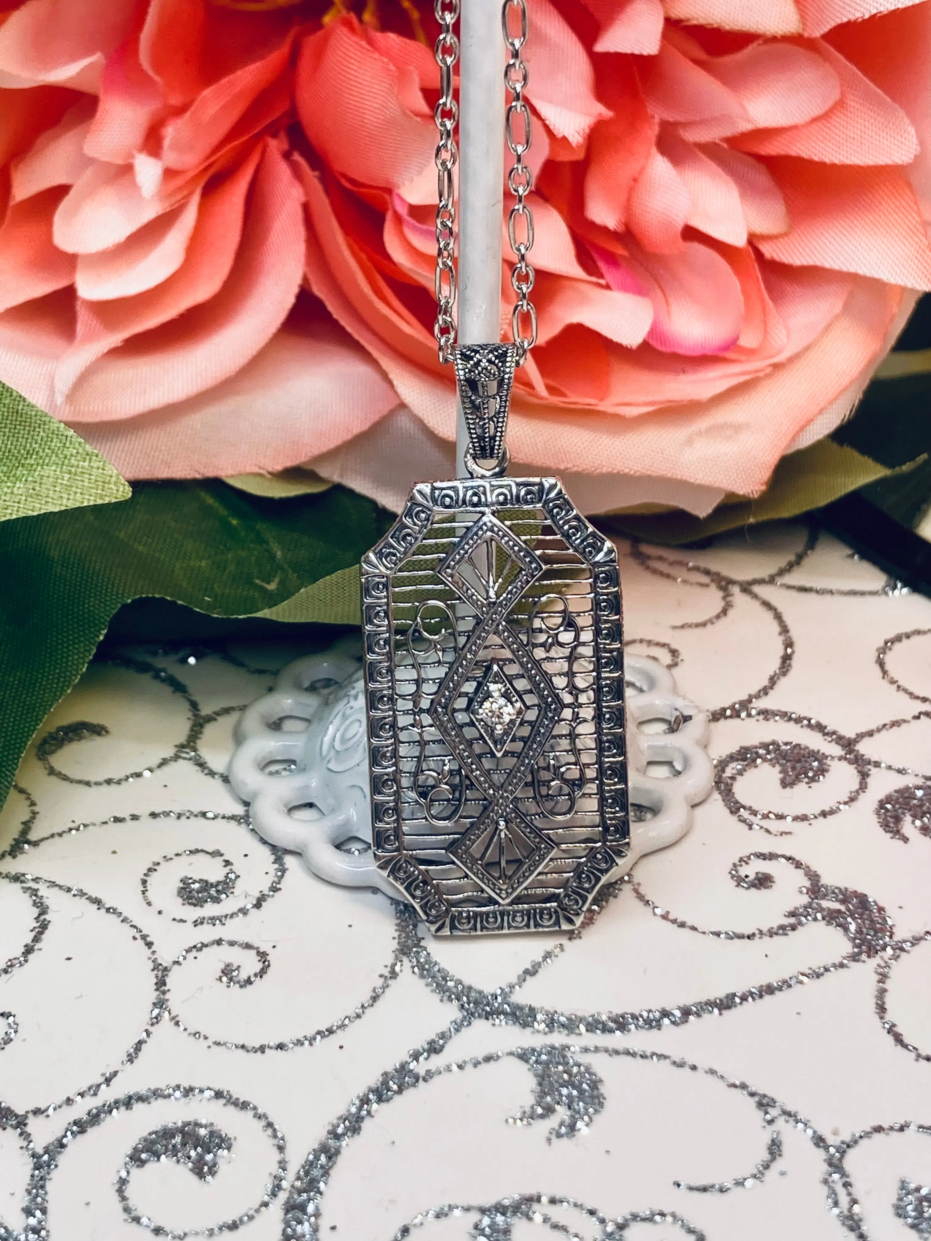 Moissanite Pendant with optional Earrings, Geometric Art Deco Inspired Vintage Revival Jewelry #S357