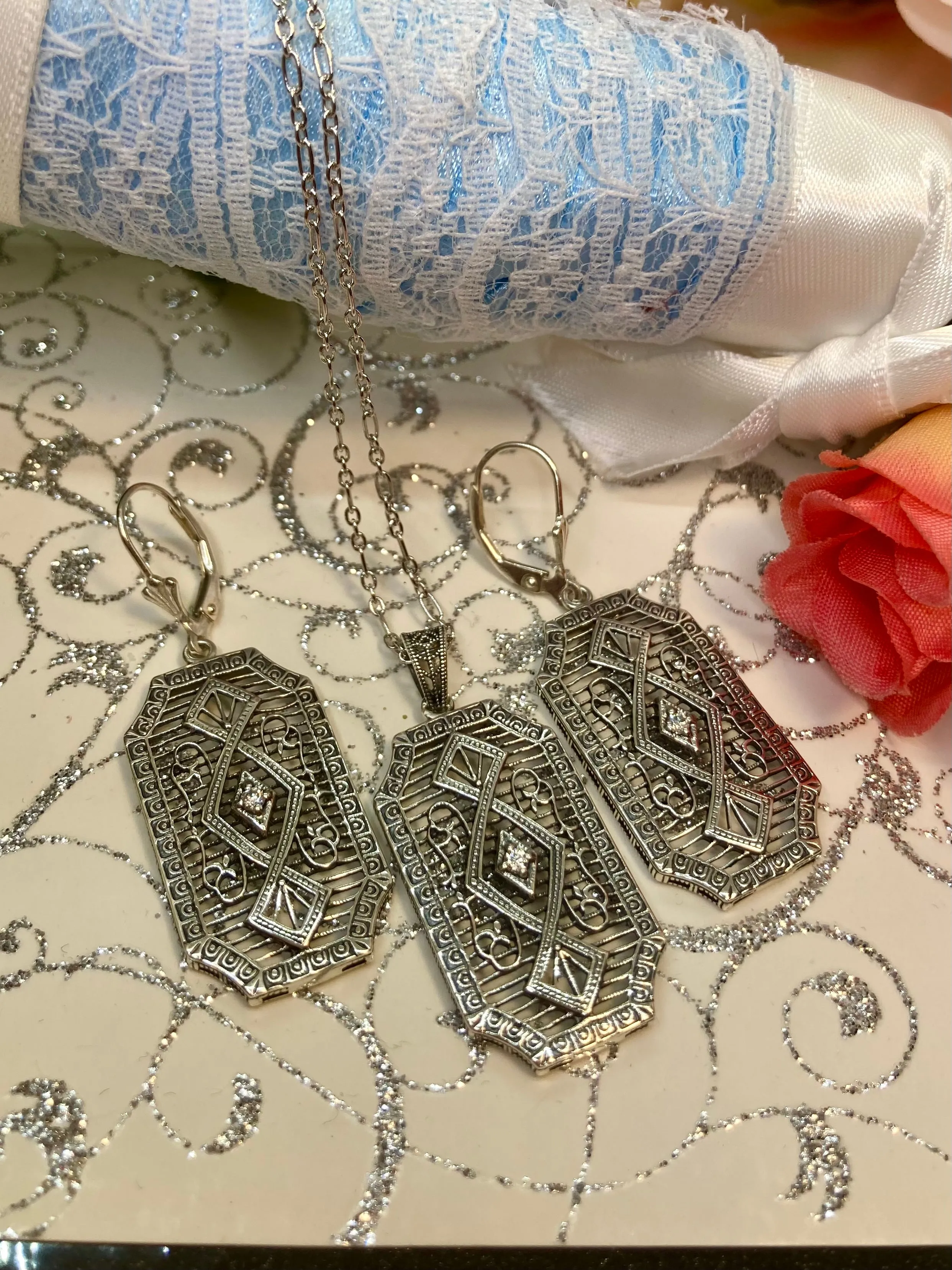 Moissanite Pendant with optional Earrings, Geometric Art Deco Inspired Vintage Revival Jewelry #S357