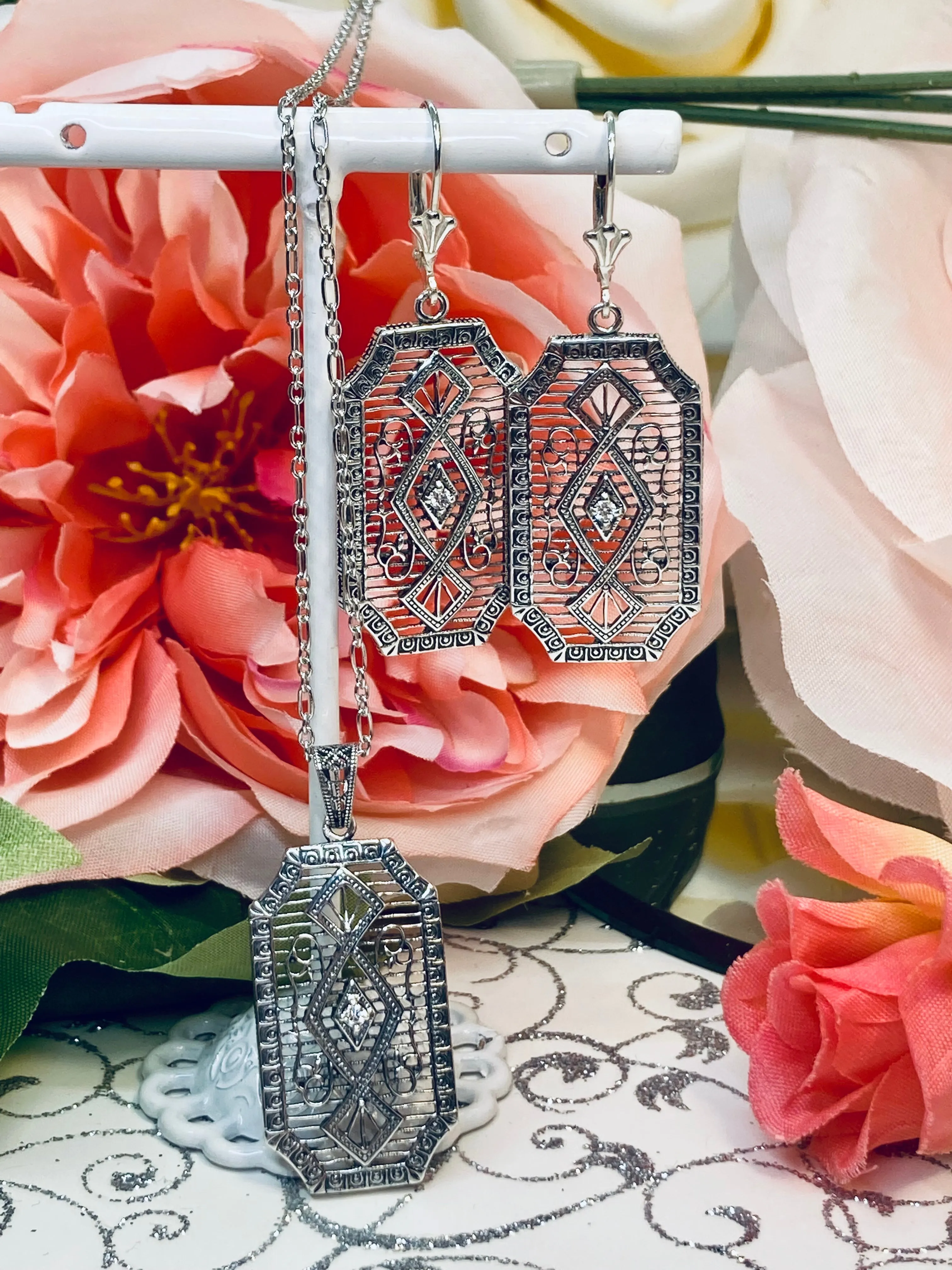 Moissanite Pendant with optional Earrings, Geometric Art Deco Inspired Vintage Revival Jewelry #S357
