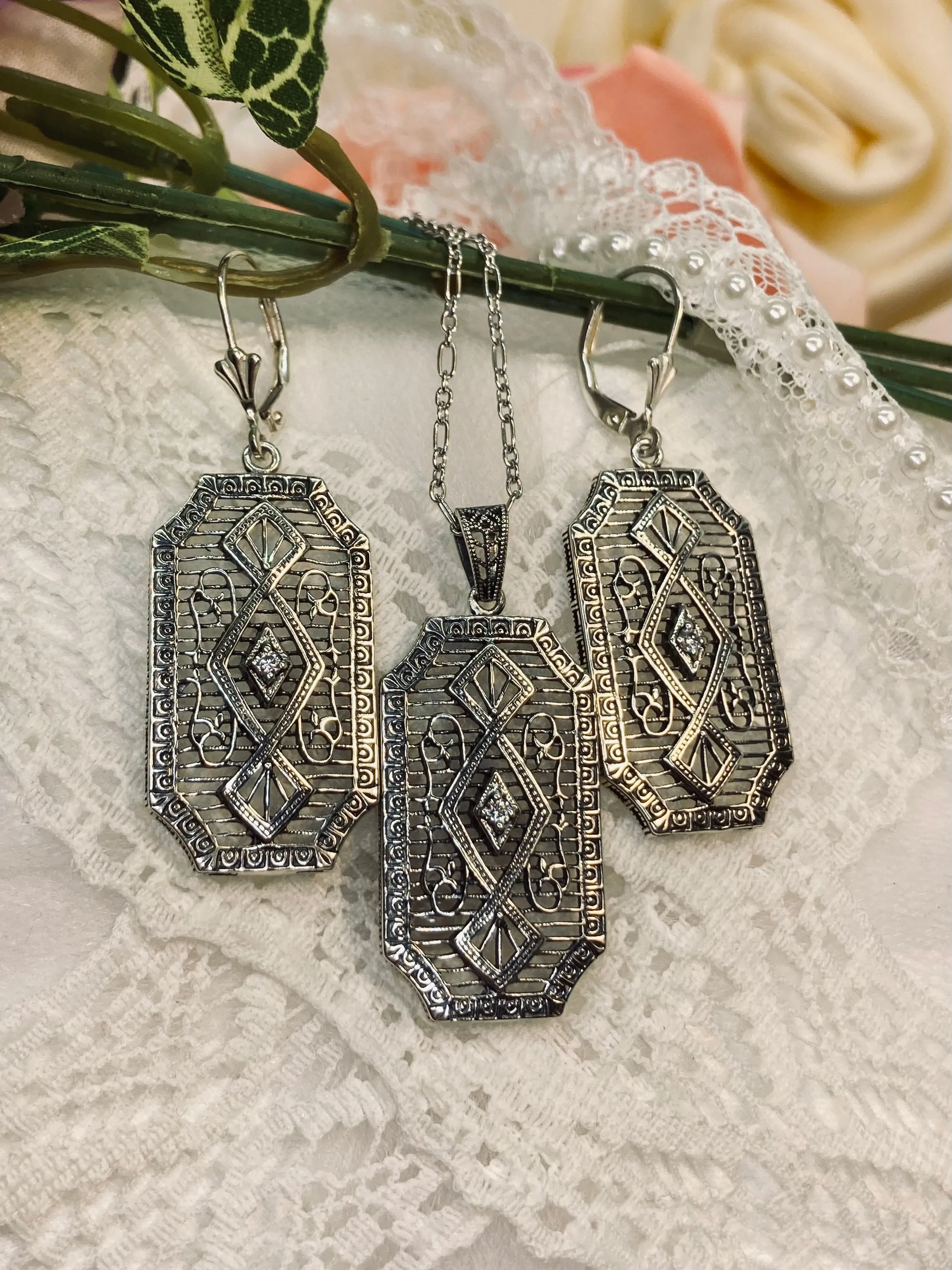 Moissanite Pendant with optional Earrings, Geometric Art Deco Inspired Vintage Revival Jewelry #S357
