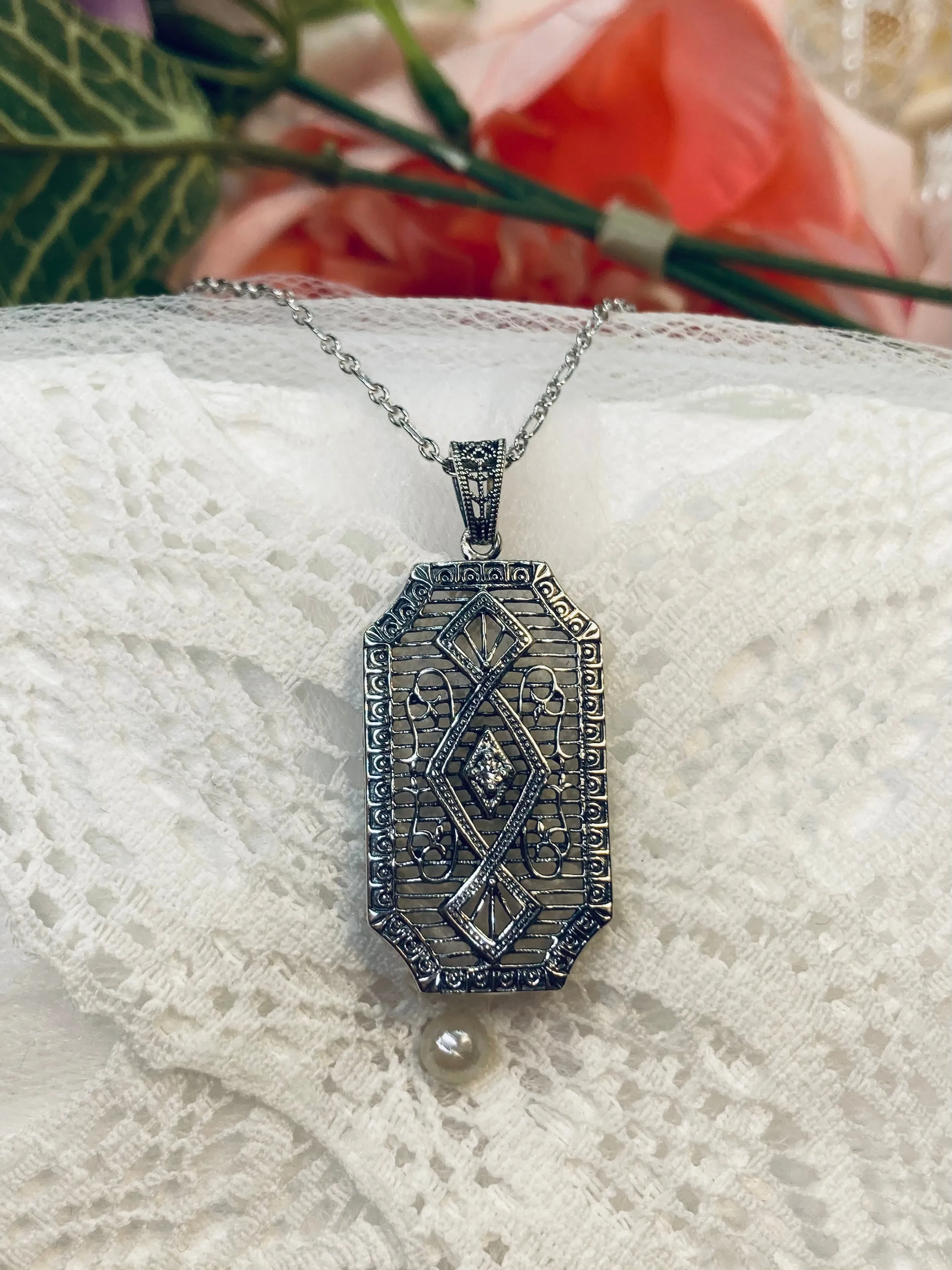 Moissanite Pendant with optional Earrings, Geometric Art Deco Inspired Vintage Revival Jewelry #S357