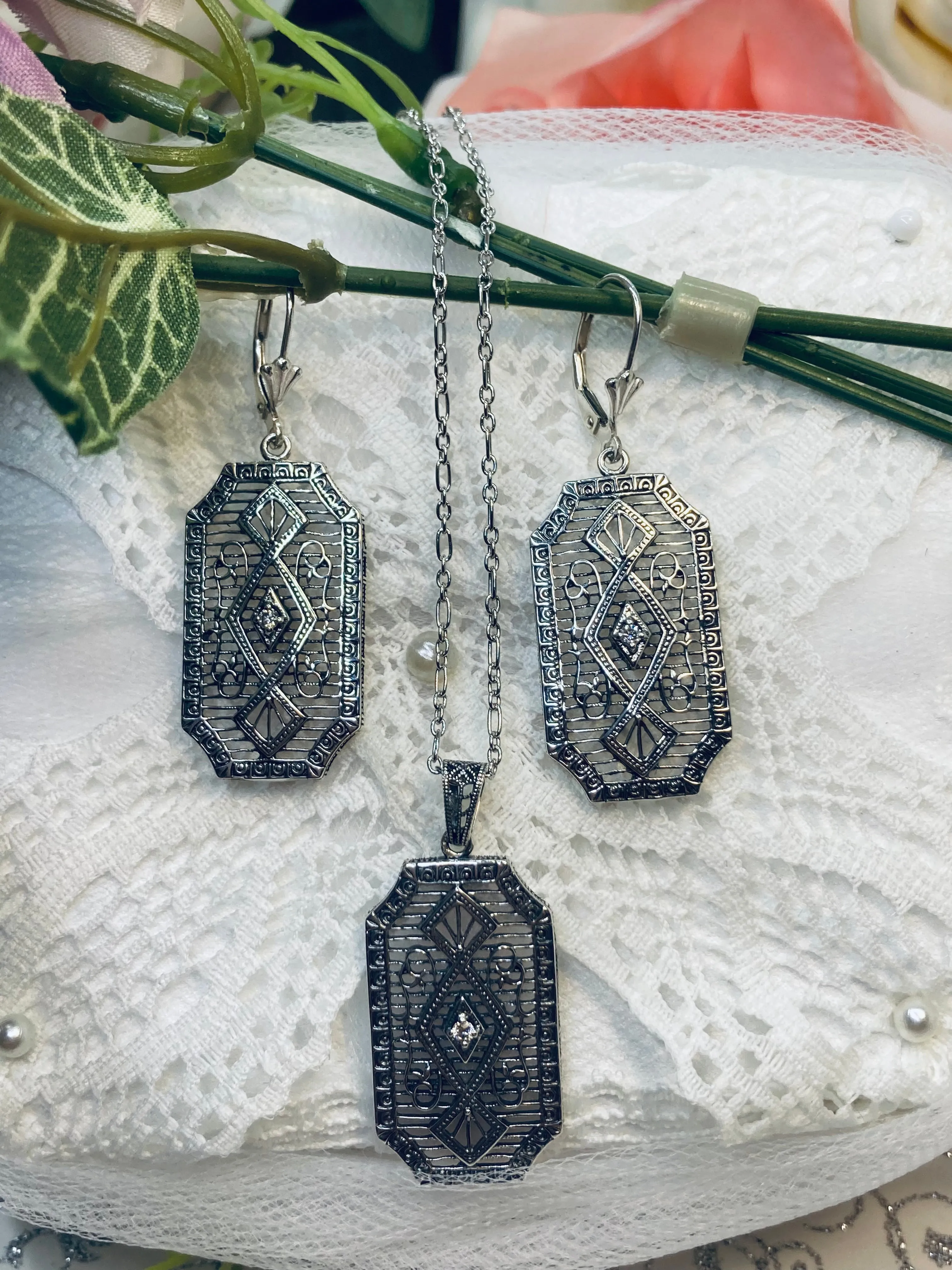 Moissanite Pendant with optional Earrings, Geometric Art Deco Inspired Vintage Revival Jewelry #S357