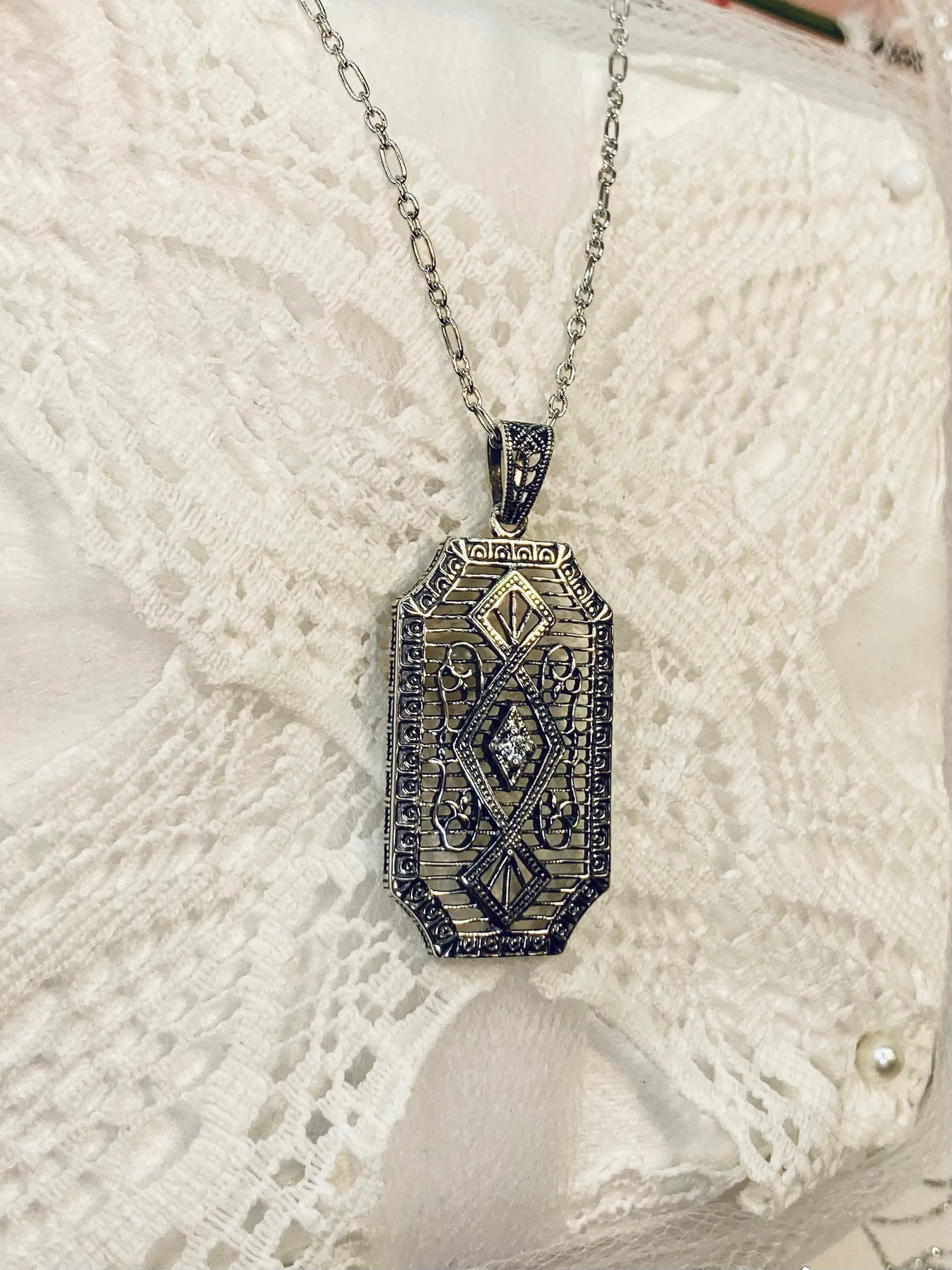Moissanite Pendant with optional Earrings, Geometric Art Deco Inspired Vintage Revival Jewelry #S357