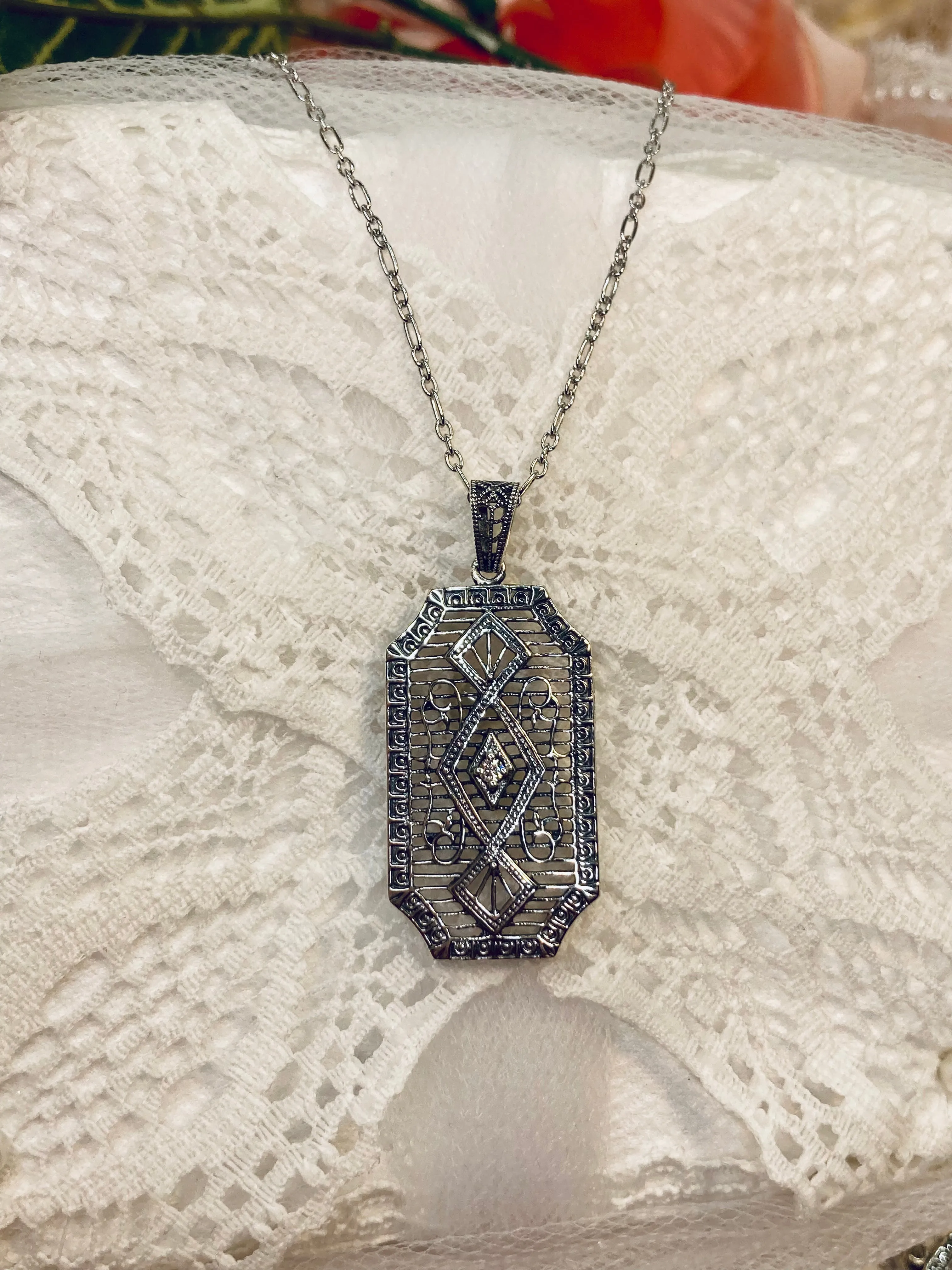 Moissanite Pendant with optional Earrings, Geometric Art Deco Inspired Vintage Revival Jewelry #S357