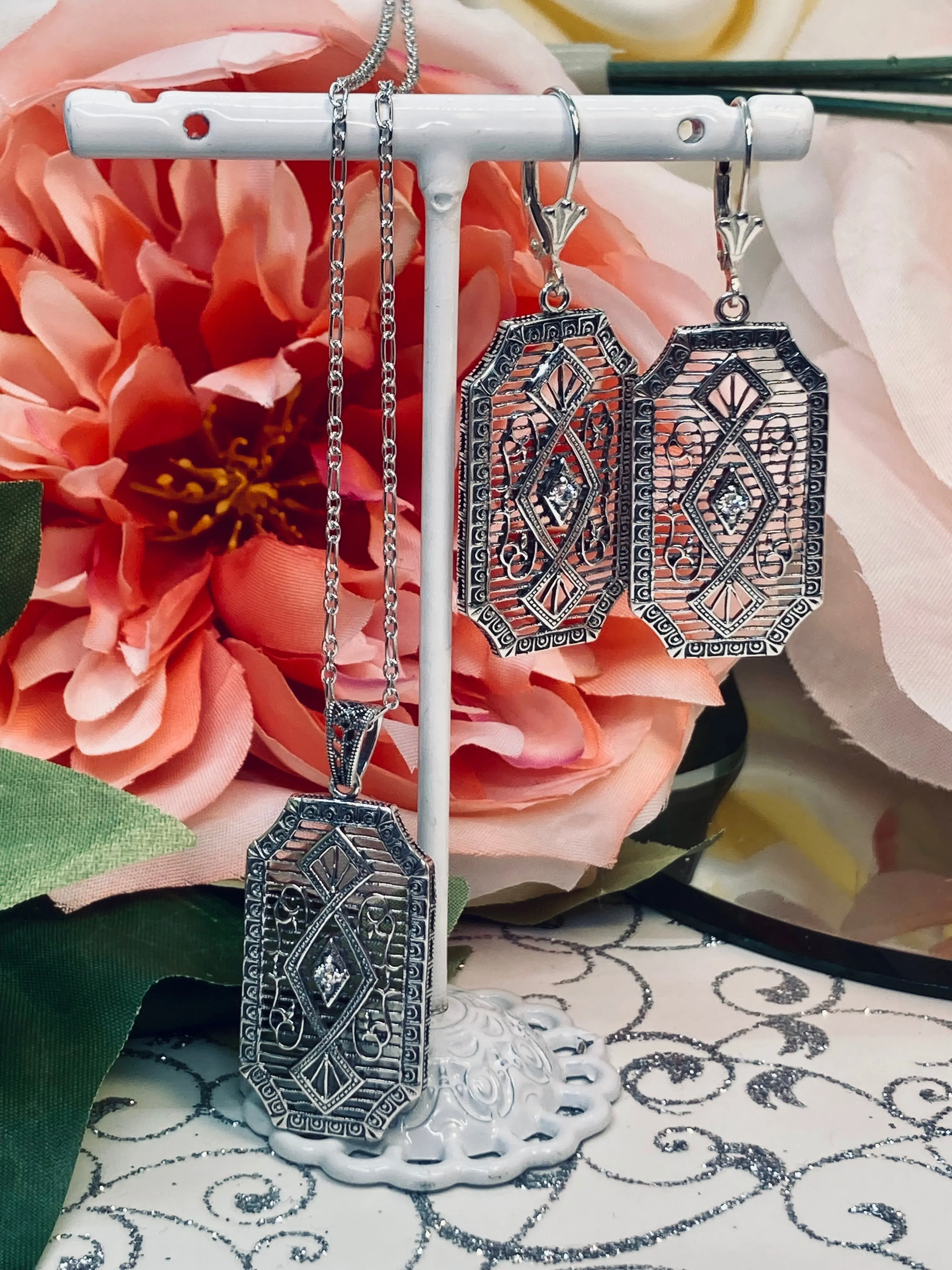 Moissanite Pendant with optional Earrings, Geometric Art Deco Inspired Vintage Revival Jewelry #S357